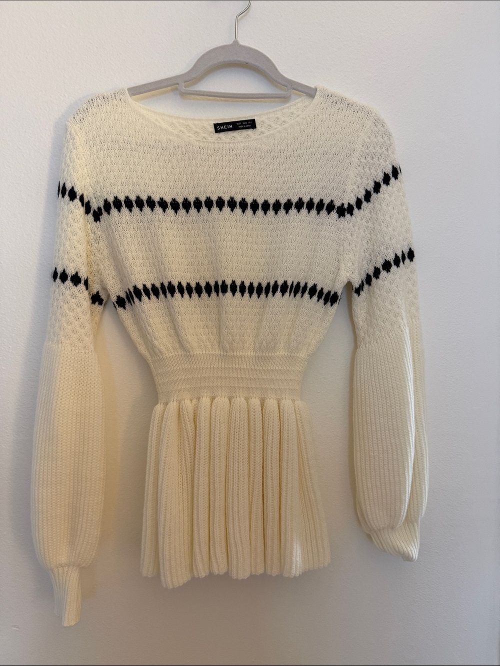 SHEIN Cream Knit Crewneck Sweater with Black Diamond Stripes